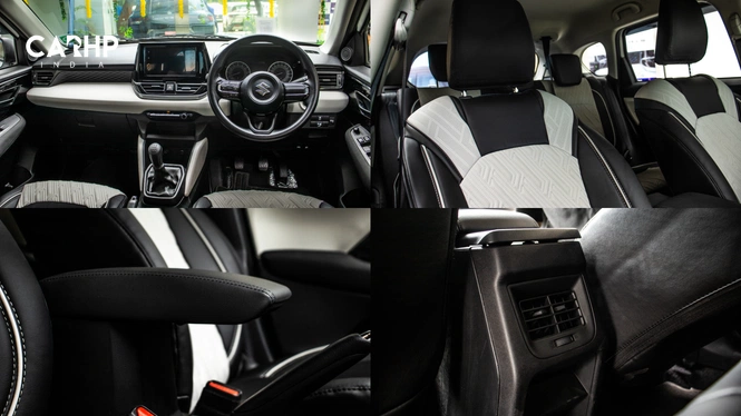 Maruti Suzuki Victoris Interior Cabin: Dashboard; Steering Wheel; Gear Stick; Infotainment Display; Front Seats; Front Armrest; Rear AC