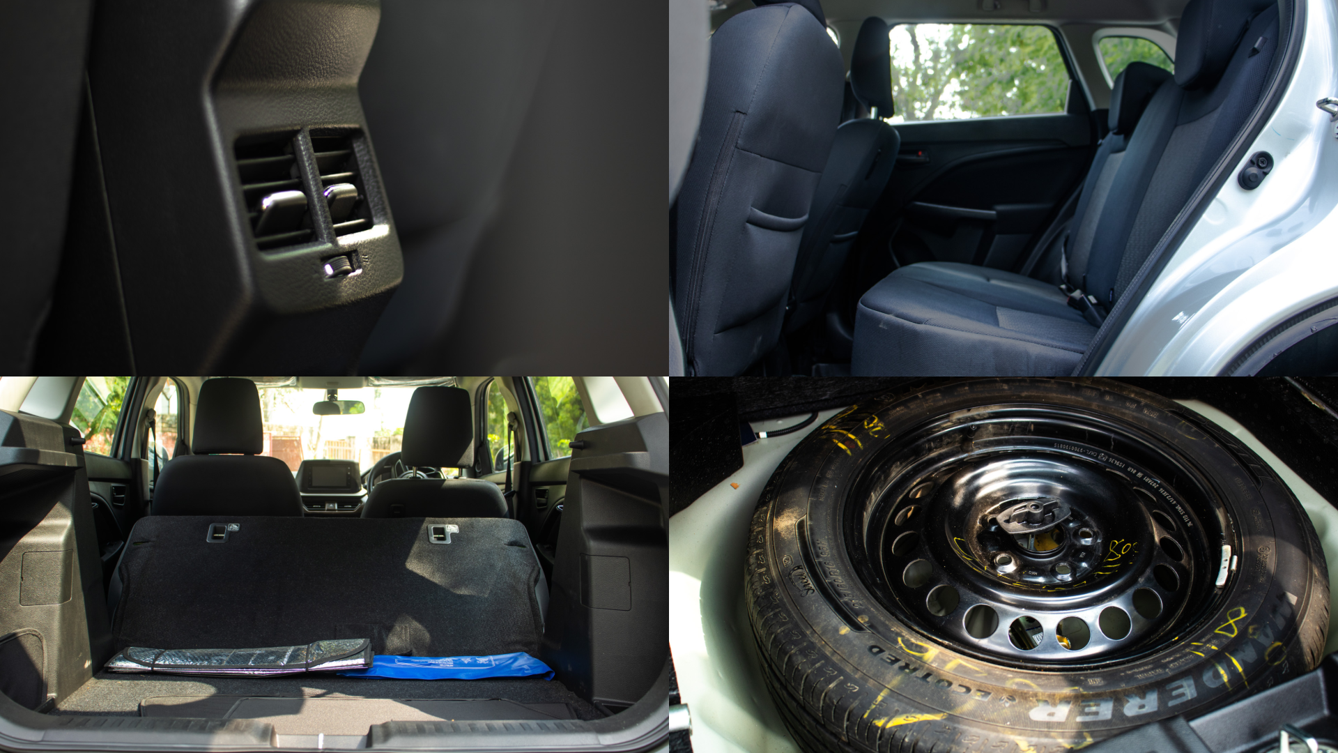 Brezza Rear AC; Rear Seating Area; Rear Seats Folded; Spare Wheel