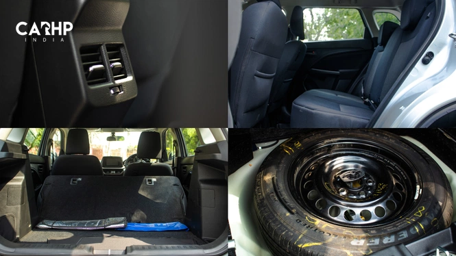 Brezza Rear AC; Rear Seating Area; Rear Seats Folded; Spare Wheel