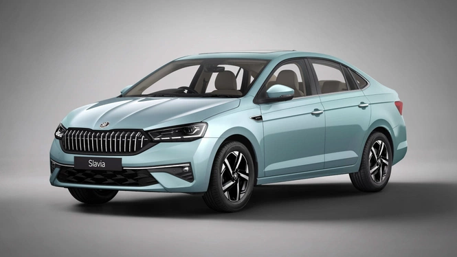 Skoda Slavia Prestige in Arctic Silver front side view
