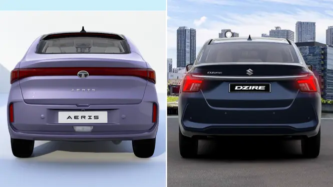 Tata Aeris and Maruti Suzuki Dzire Side by Side Exterior Rear View